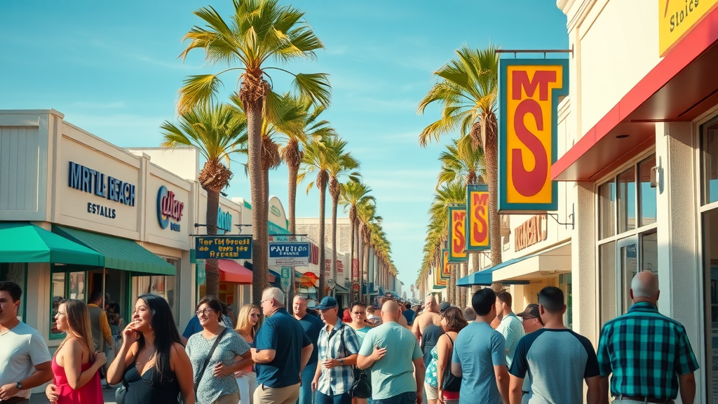 Vibrant Myrtle Beach business district with energetic atmosphere, palm trees, colorful signage, and a clear blue sky - local SEO Myrtle Beach