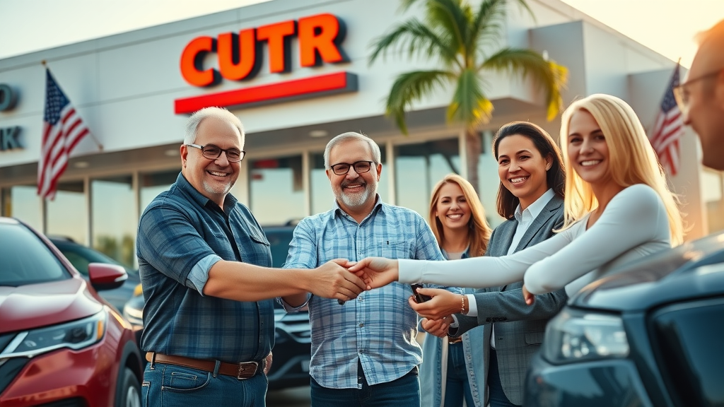 small independent Myrtle Beach car dealership celebrating sales success with team and happy customers