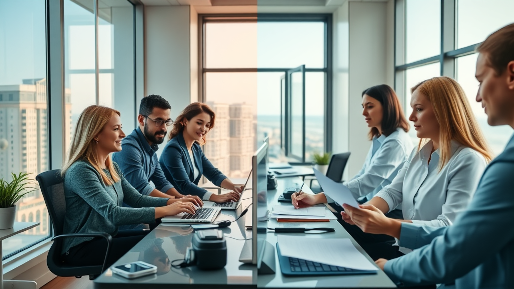 Split-screen of digital marketing team and traditional office, showing transition to online reputation management in Myrtle Beach
