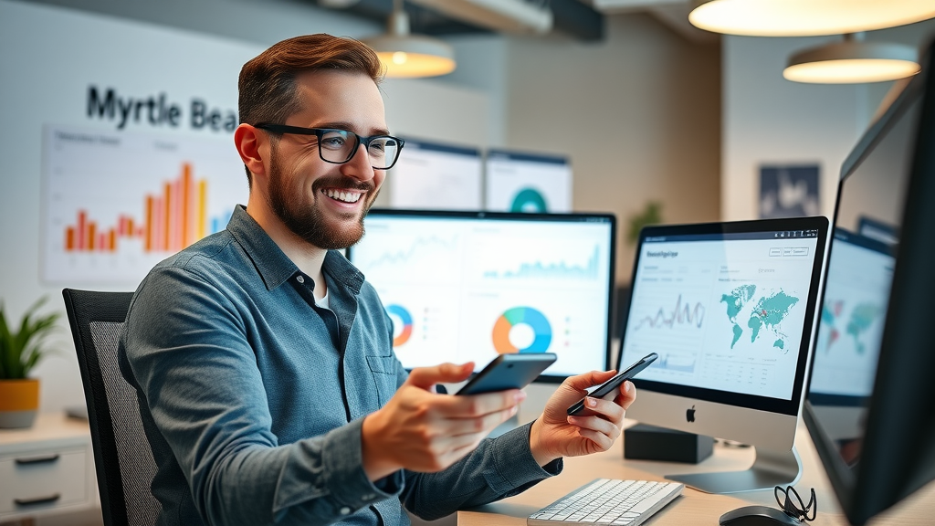 Sophisticated digital marketing agency services reputation marketing for myrtle beach businesses: business owner reviewing digital dashboard with Myrtle Beach branding