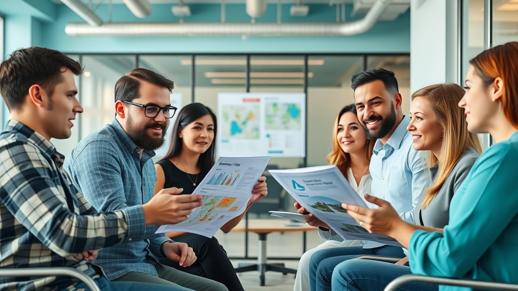 Split scene: Local SEO team and national agency team reviewing project plans in Myrtle Beach context, turquoise hues, detailed workspace settings