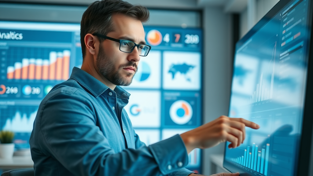 Marketing analyst analyzing social media campaign data on touchscreen