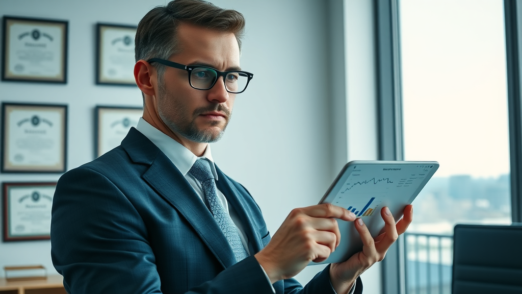 Legal professional using tablet to monitor reputation analytics with Myrtle Beach skyline outside window