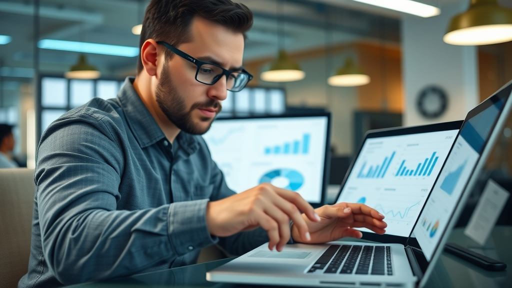 Business professional analyzing social media metrics and management dashboard, media management services in Myrtle Beach