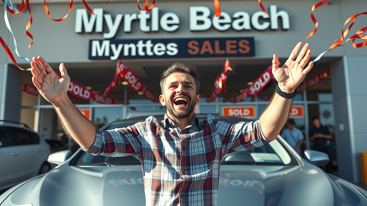 enthusiastic Myrtle Beach car dealer celebrating increased sales and digital marketing success
