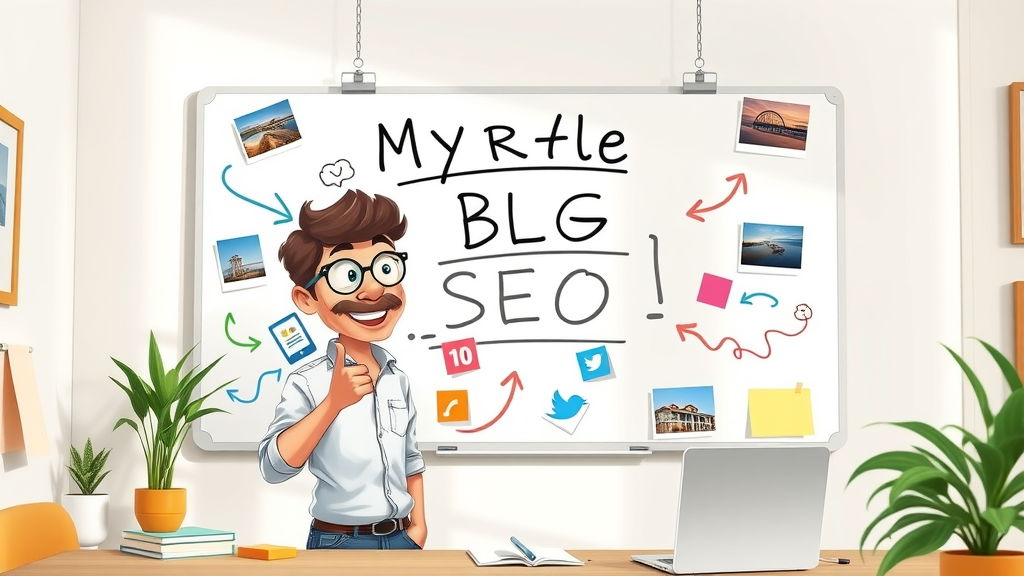 Creative Myrtle Beach digital marketer brainstorming blog ideas SEO results content marketing pastel workspace