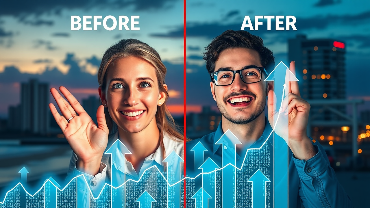 Before and after infographic showing Myrtle Beach business website traffic growth with local landmarks, digital charts ascending, sci-fi inspired look