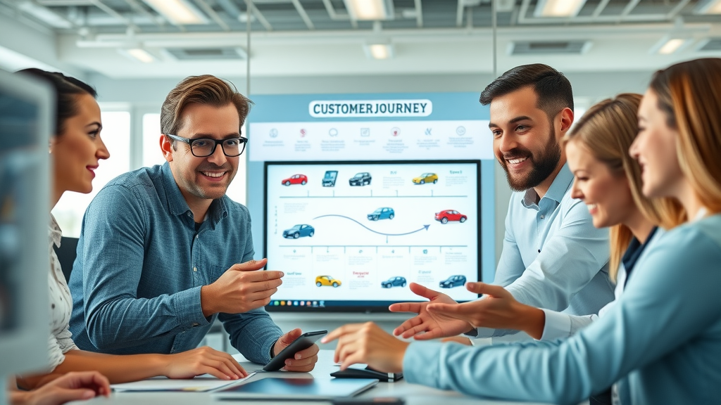 customer journey map with car icons, marketing team reviewing digital screens for Myrtle Beach car dealer retargeting campaign