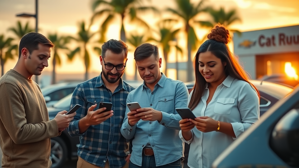 car buyers reviewing Myrtle Beach dealership ratings and reviews on smartphones in dealership parking lot at sunset