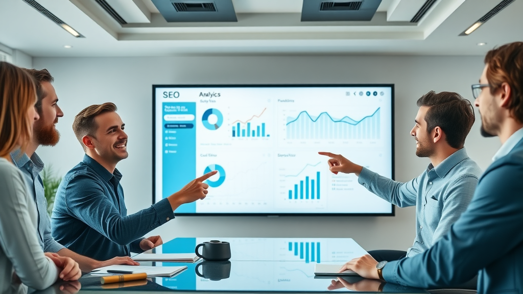 motivated Myrtle Beach business team analyzing SEO analytics dashboard showing ranking growth and online presence improvements.