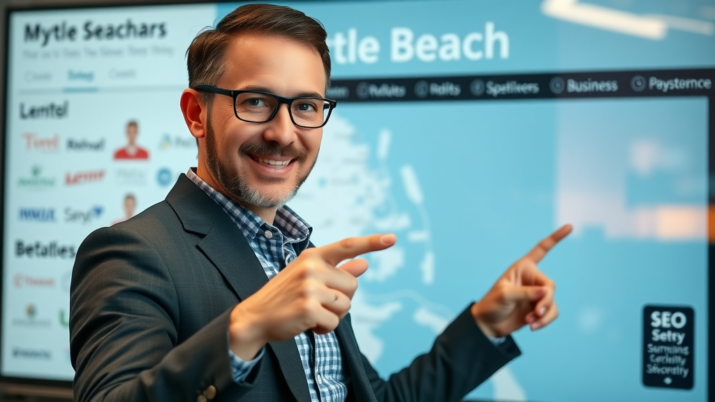 local seo myrtle beach Professional SEO expert presents local SEO strategy with Myrtle Beach map and business icons