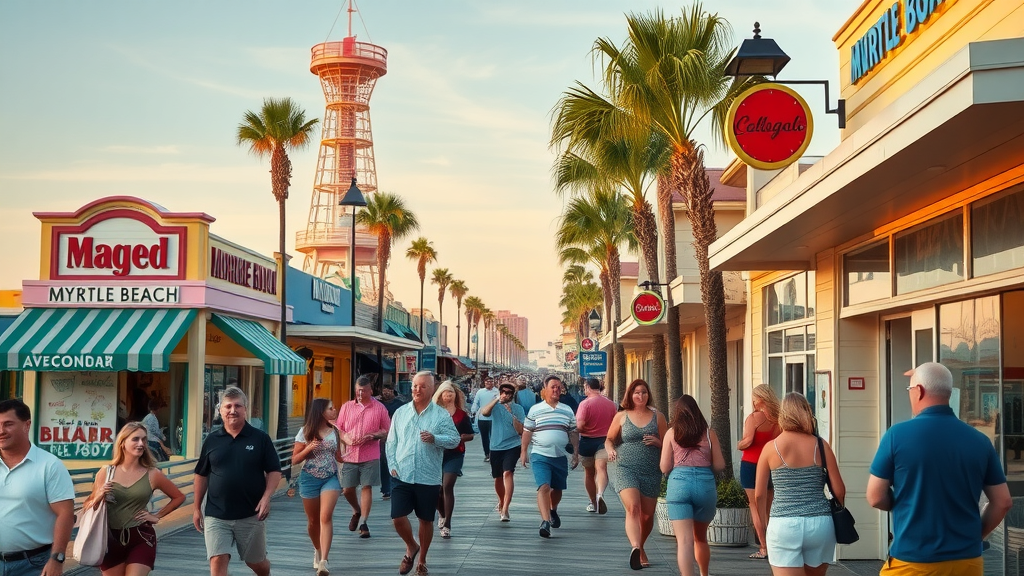 vibrant Myrtle Beach boardwalk bustling with local businesses and cheerful crowds, demonstrating active Myrtle Beach business marketing