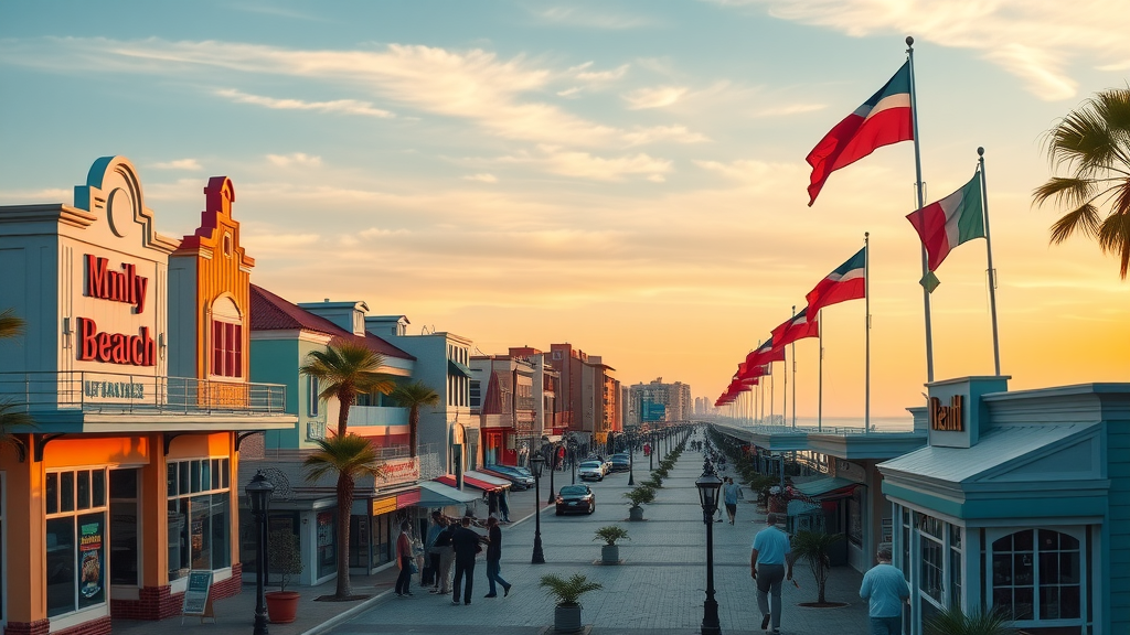 Myrtle Beach SEO vibrant Myrtle Beach cityscape at sunrise, lively local businesses along beachfront, sandy beach, iconic boardwalk, SEO visibility for Myrtle Beach area businesses.