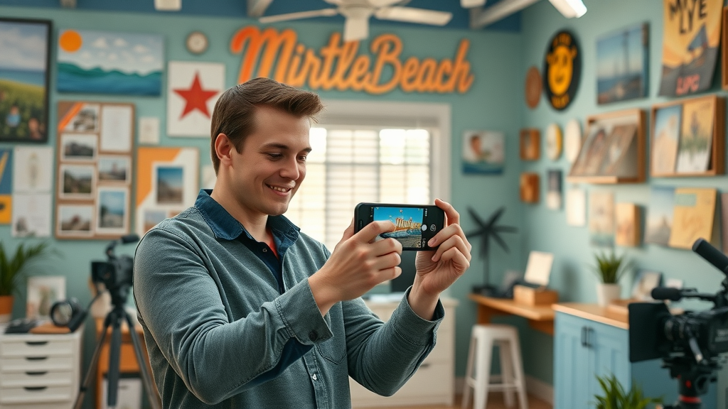 content creation for social media marketing myrtle beach, marketer taking lifestyle photos in creative studio