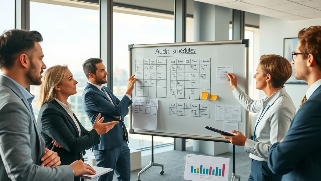law firm team in strategy session, creating audit schedules, reputation management for Myrtle Beach law firms, whiteboard and Myrtle Beach skyline