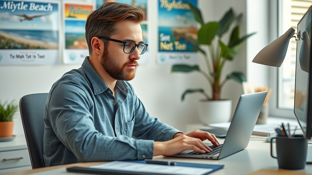 focused digital marketer analyzing Myrtle Beach SEO keywords, SEO essentials on laptop with local posters