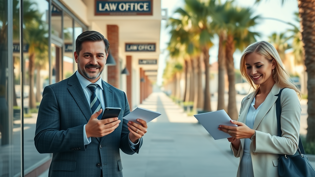 Social media marketing for Myrtle Beach law firms vibrant law office engagement with smartphones and tablets, palm-lined avenue