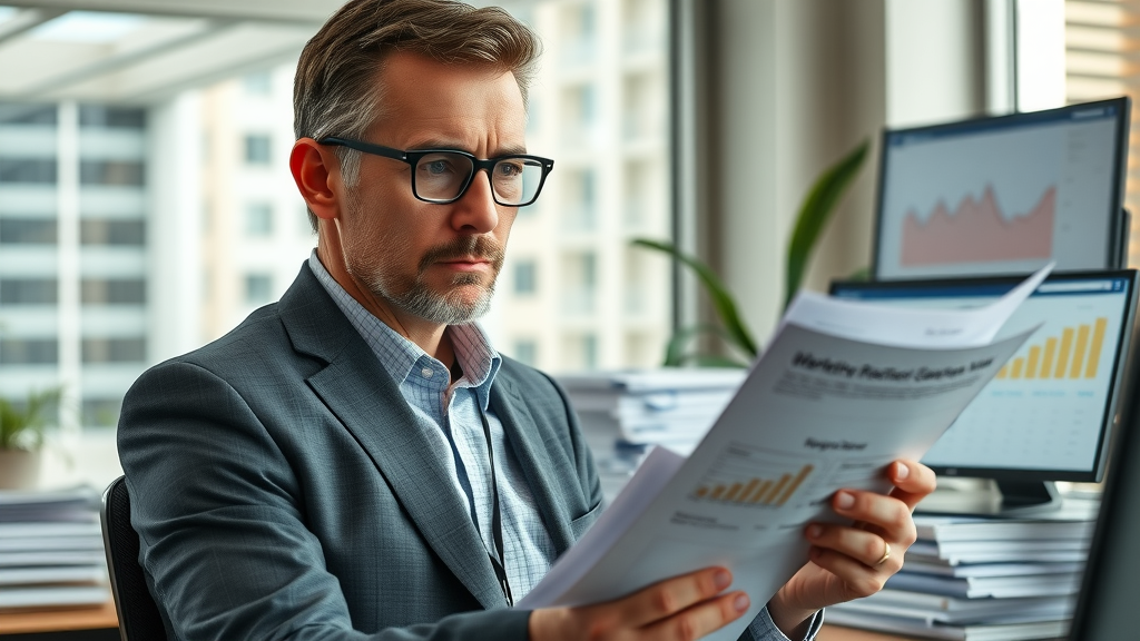 Concerned business manager reviewing affordable retargeting Myrtle Beach campaign performance reports
