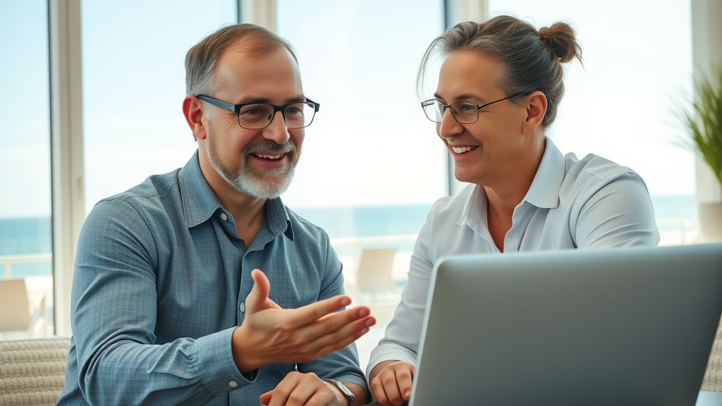 SEO expert collaborating with Myrtle Beach business owner, discussing Myrtle Beach SEO company strategy, impactful SEO services, Beach SEO Company best practices.
