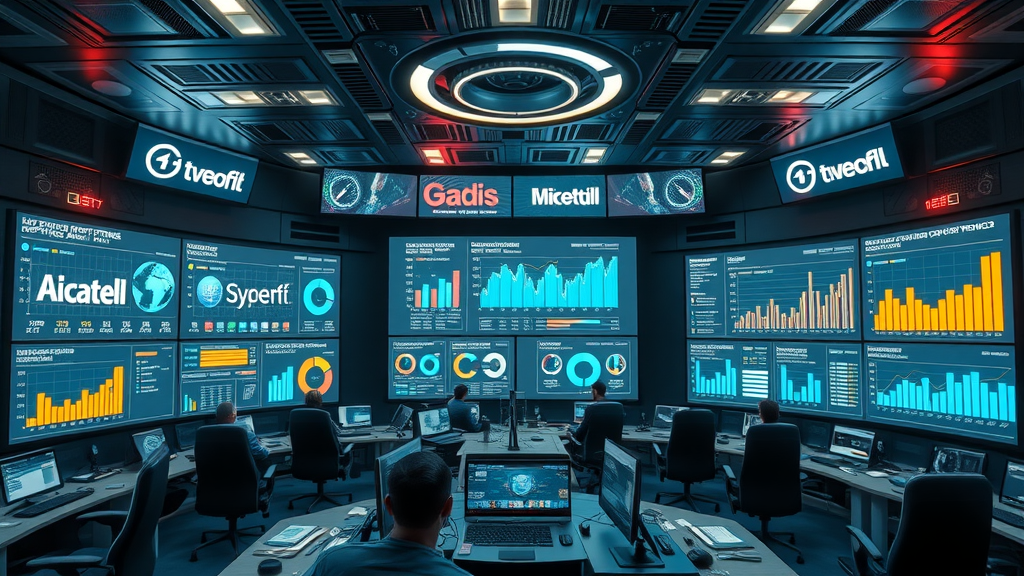 Diverse global brands displaying strong reputation analytics and metrics in a futuristic high-tech digital marketing command center.