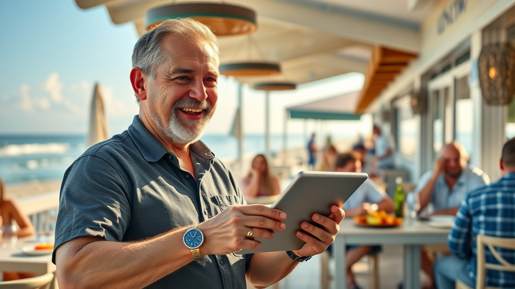 myrtle beach seo Oceanfront Myrtle Beach restaurant owner reviewing positive online reviews with a tablet
