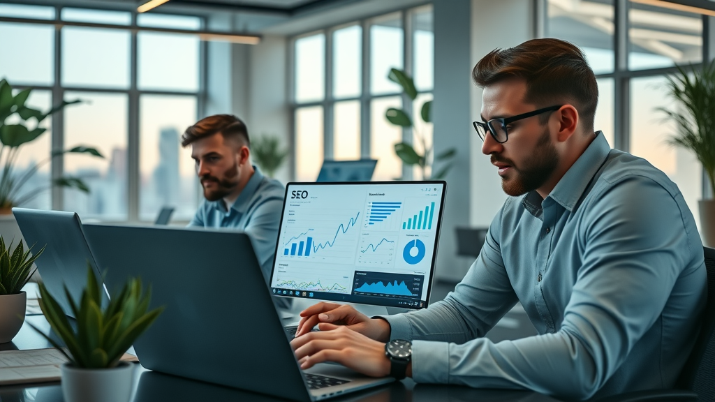 Modern digital marketing team analyzing SEO charts and Myrtle Beach data - Myrtle Beach SEO company