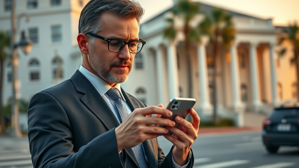 savvy lawyer engaging with clients on smartphone, reputation management for Myrtle Beach law firms, courthouse in background