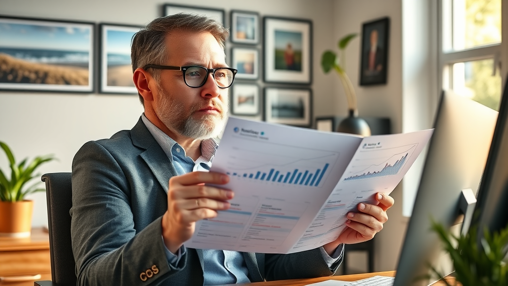 confident Myrtle Beach business owner reviewing clear SEO performance reports with an expert SEO company. Cozy office, business casual, clear graphs.