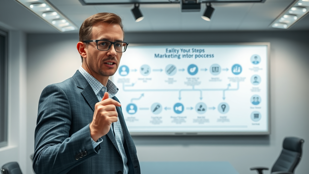 Strategic business consultant presenting a step-by-step guide on building a reputation marketing strategy in a modern office setting.