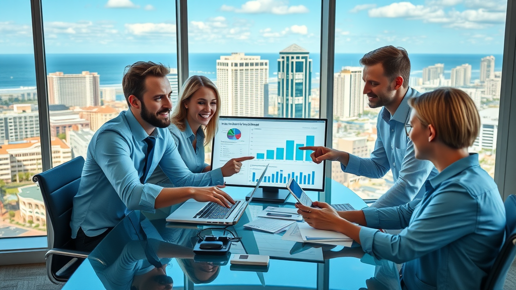 affordable social media marketing in Myrtle Beach - professionals collaborating in modern Myrtle Beach office, analyzing digital marketing charts
