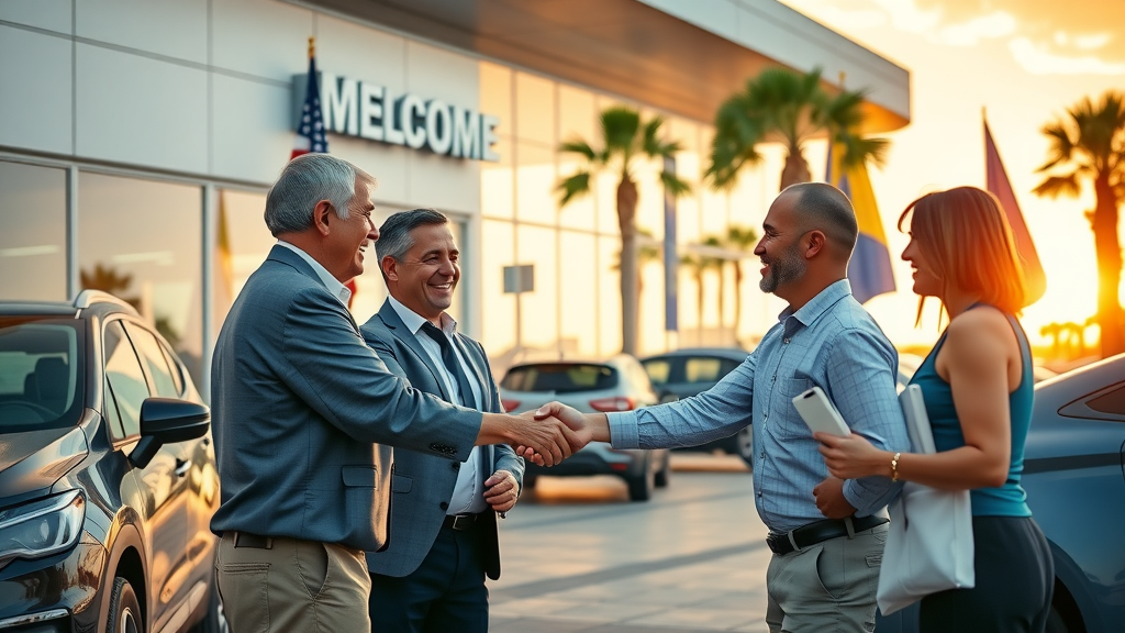 modern car dealership exterior Myrtle Beach car dealership reputation management vibrant sunny welcome atmosphere