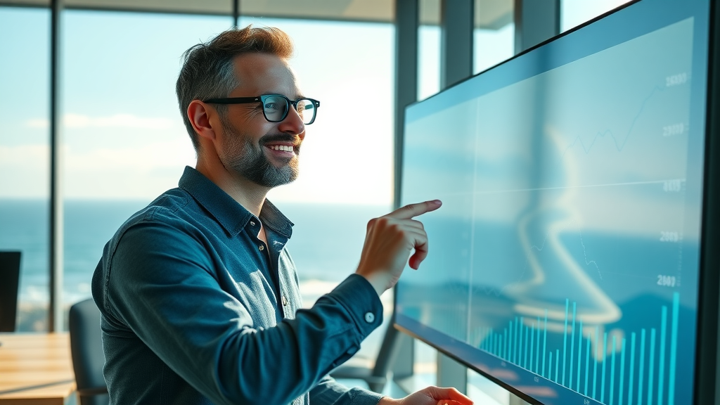 Analytical marketer examining Myrtle Beach SEO performance charts and upward trends
