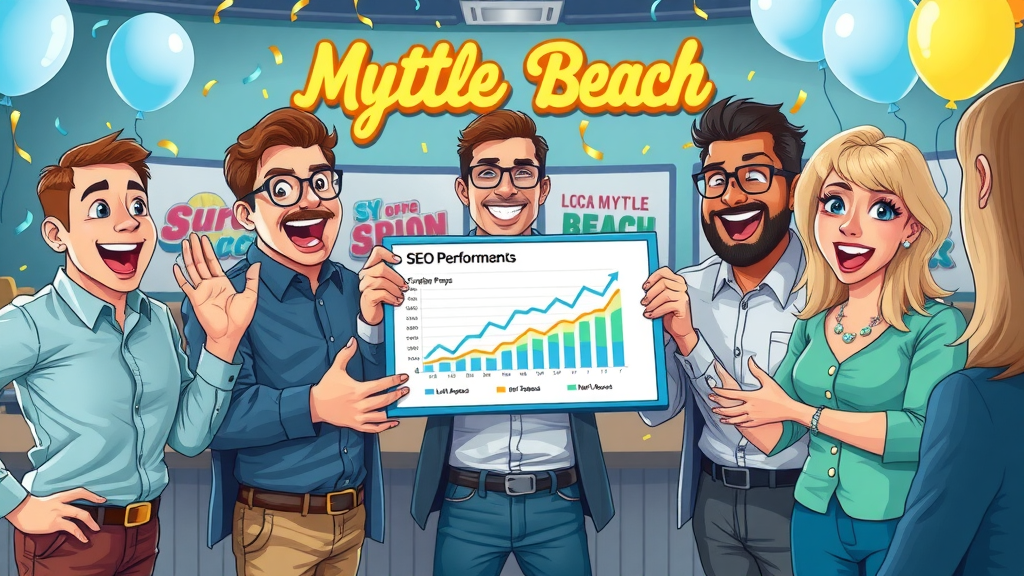 Myrtle Beach local business celebrating SEO results, team receiving upward-trending SEO performance report, local business success, SEO transformation impact.