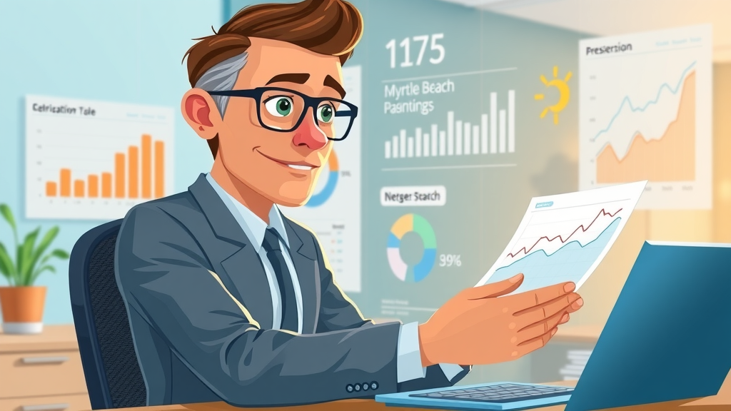 digital infographic on Myrtle Beach business SEO growth statistics, business owner analyzing data with subtle beach motifs
