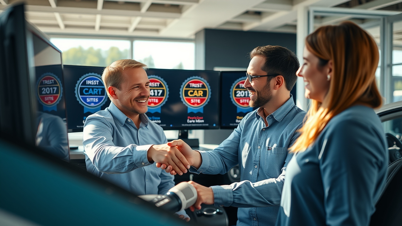 trustworthy used car dealership in Myrtle Beach, customers reviewing car listings and shaking hands with dealer
