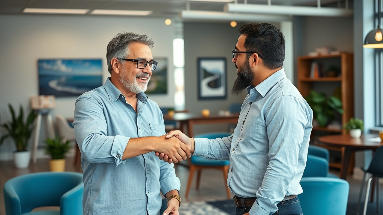 marketing agency consultant shaking hands with Myrtle Beach business owner, representing trusted Myrtle Beach business marketing partnerships
