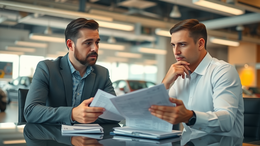 confident customer and car dealer negotiation table Myrtle Beach, discussing contract with paperwork in dealership office