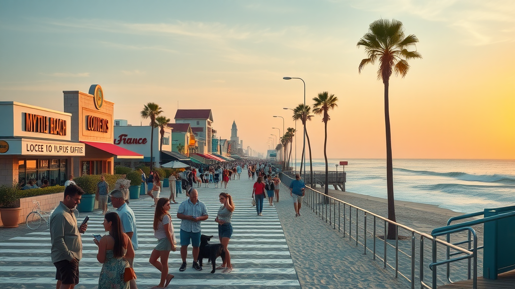 Vibrant Myrtle Beach coastline sunrise, local businesses engaged with digital marketing on the boardwalk, Myrtle Beach digital marketing energy