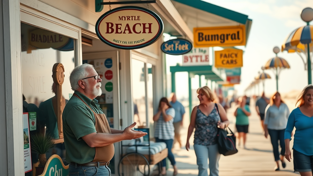 inviting Myrtle Beach storefront, SEO small business owner engaging with customers, sunlit boardwalk in background