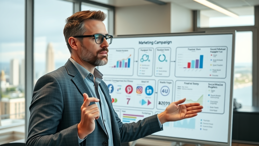 professional marketing strategist presenting a digital whiteboard with social media campaign analytics in a Myrtle Beach agency boardroom