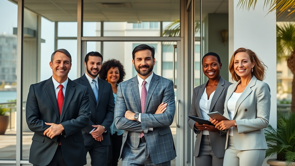 Professional Myrtle Beach law office exterior with confident diverse attorneys greeting clients and oceanfront cityscape