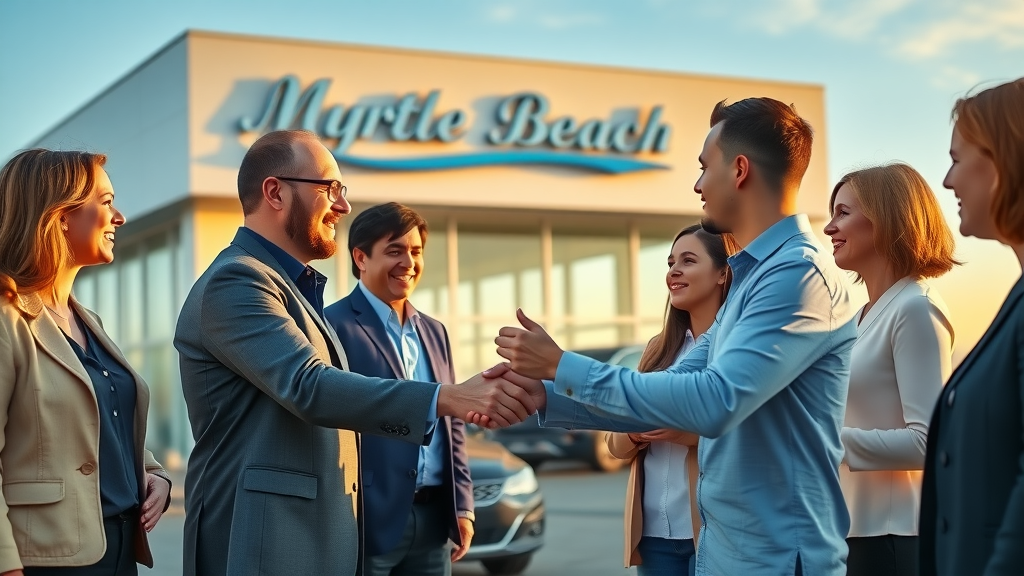 Inspiring Myrtle Beach car dealership, team and client shaking hands by landmark. Best car dealership reputation management in Myrtle Beach.