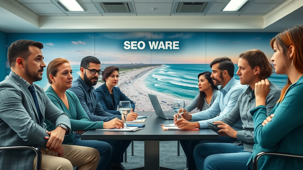 contrasting Myrtle Beach SEO teams deliberating strategy and engagement, digital marketing meeting