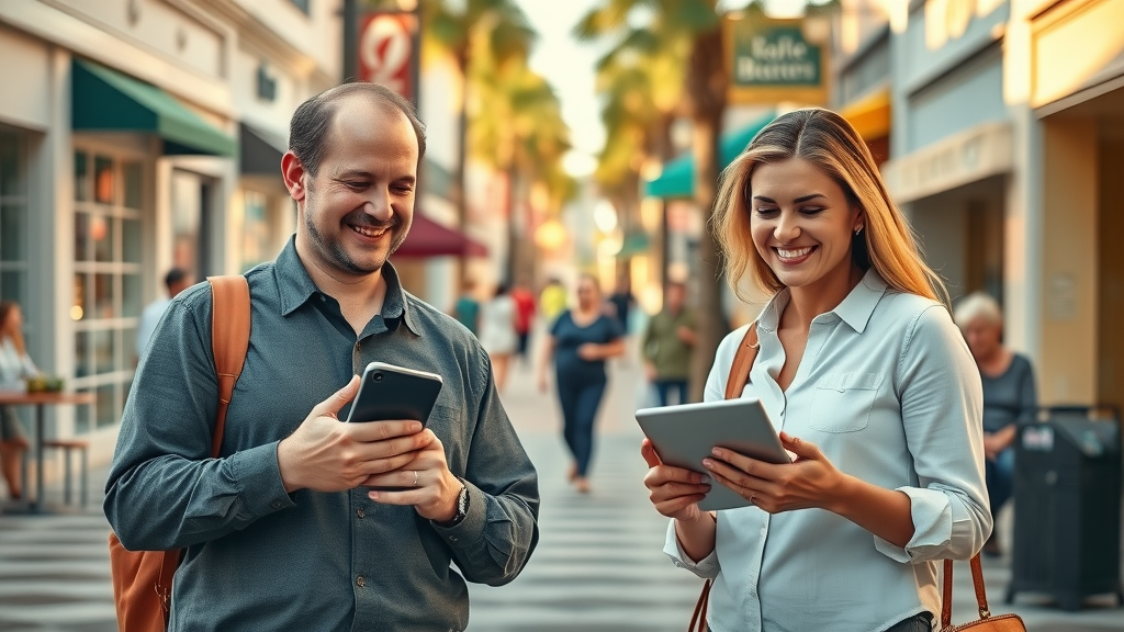 Myrtle Beach small business owners using affordable social media marketing reviewing positive sales reports with smartphones