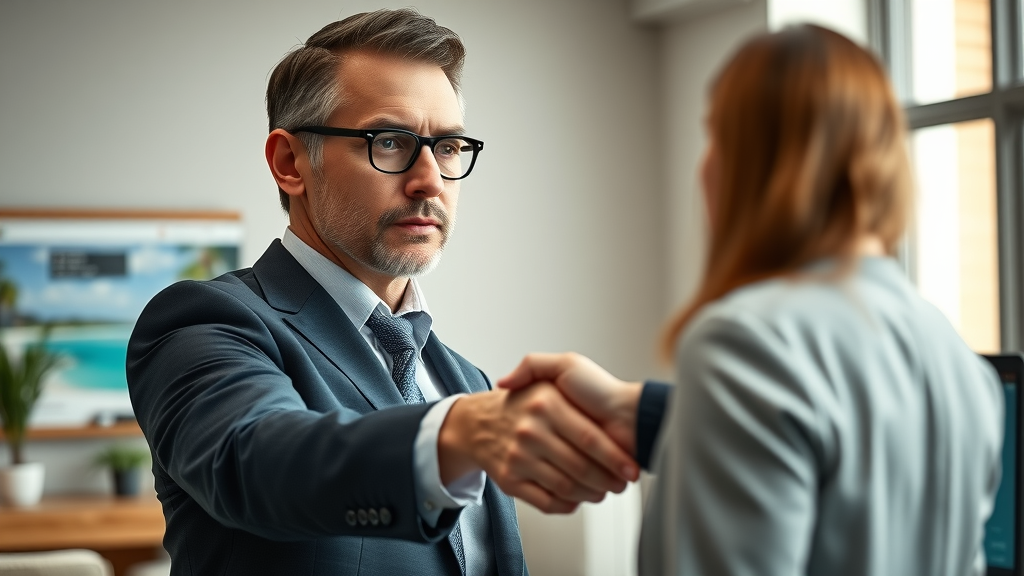 determined business executive shaking hands with marketing agency representative, agency in myrtle beach, focused collaboration