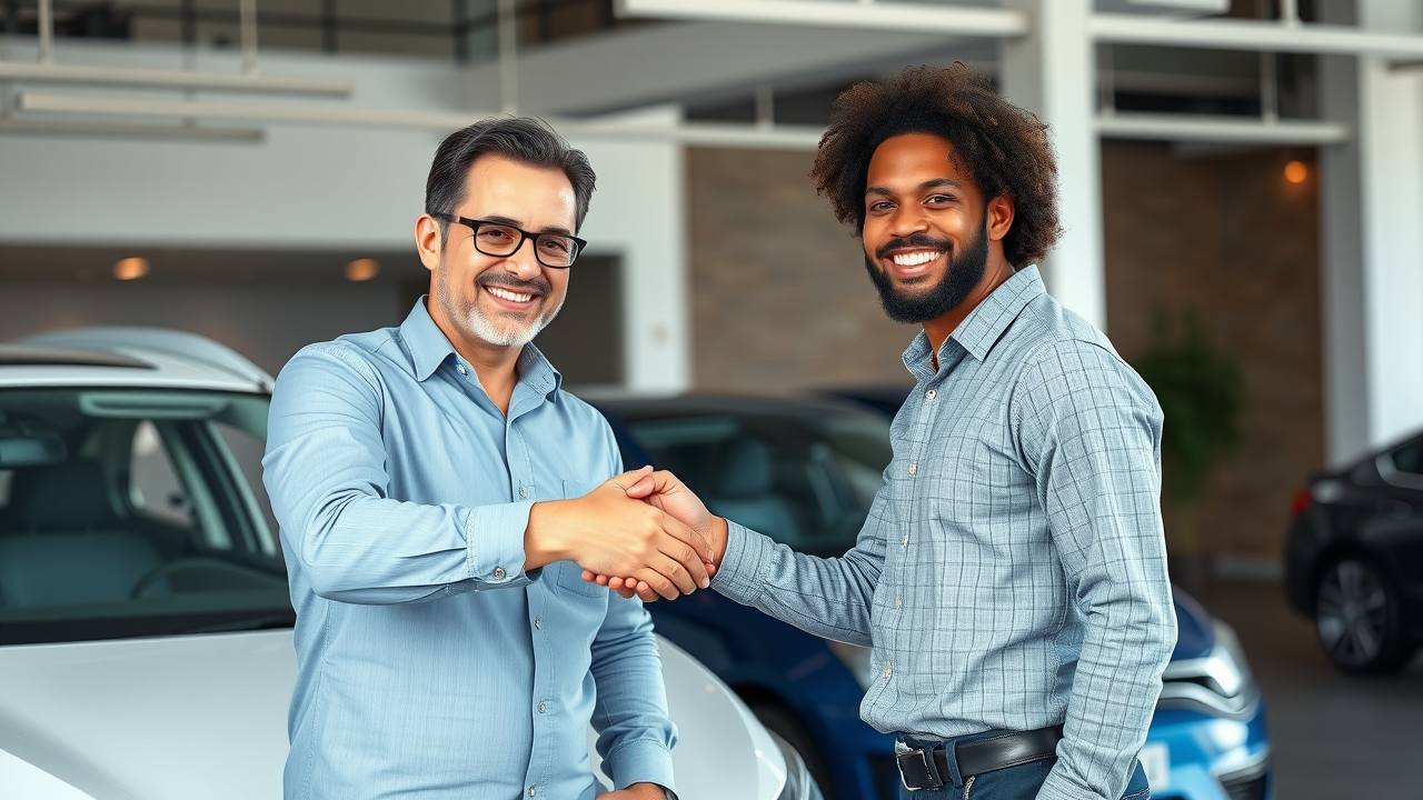 Attentive car sales consultant shaking hands with a happy customer in a modern Myrtle Beach dealership office