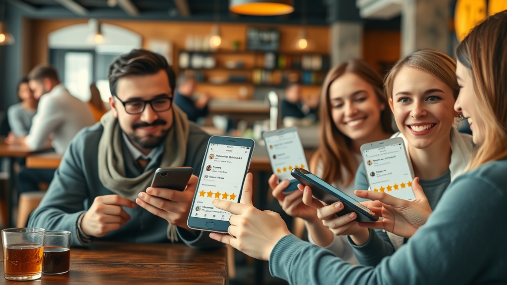 happy customers sharing positive social media reviews for brand reputation