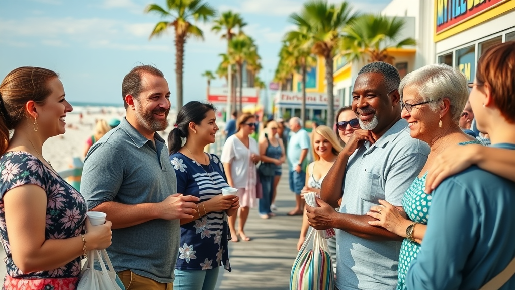 myrtle beach digital marketing vibrant boardwalk scene with local business owners engaging with tourists