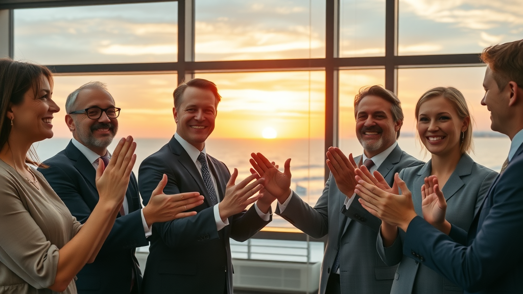 Group of Myrtle Beach attorneys celebrating a successful case with ocean sunset in background