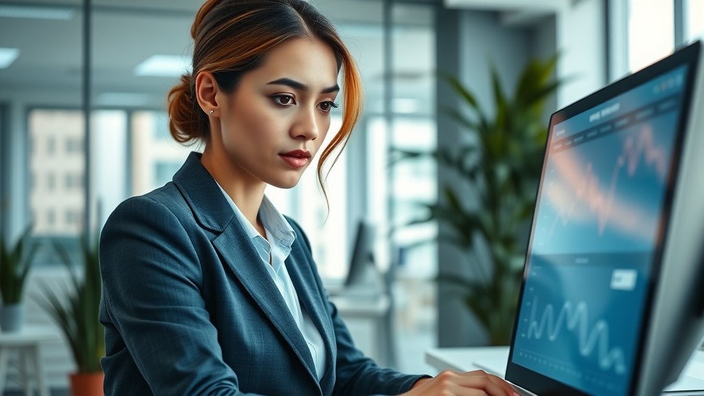 businesswoman analyzing social media reputation management tool dashboard